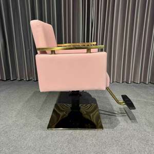 Silla de Barbería Rosa Dorada Cómoda al por Mayor, de Acero Inoxidable, Altura Ajustable, Asiento de Cuero Sintético, para Salón Comercial - Product Image 3