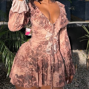 เดรสแฟชั่นผู้หญิง คอระบาย แขนยาว ผ้าตาข่าย ลายเสือดาว เปิดไหล่ ชายกระโปรงจีบ - Product Image 5