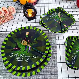 Nuovo Design a tema di Halloween stoviglie con motivo a strega stampato piatto da pranzo verde per feste