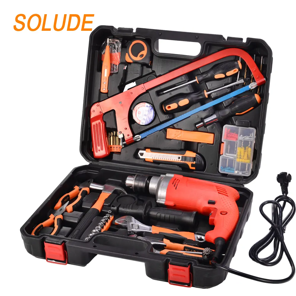 SOLUDE 101 Piece Aluminum Head Impact Drill Household Hand Tools Kit With Plastic Toolbox Storage Case