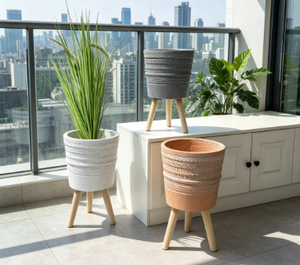 3 Pcs Tall Ribbed Embossed Tripod Planter Set, Standing Flower <b>Pot</b> with Wooden Legs - Product Image 3