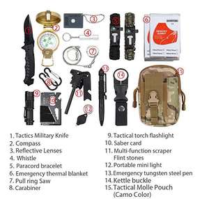 Équipement de survie d'urgence professionnel 18 pièces outils de randonnée tactiques avec pochette Molle cadeaux pour hommes et familles <span class=keywords><strong>SOS</strong></span> - Product Image 6