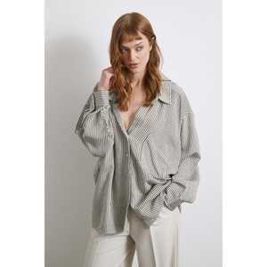 Camisa a Rayas con Mangas Murciélago para Mujer, Estilo Boyfriend en Popelina Caqui, Diseño Asimétrico, para Uso Diario - Product Image 6