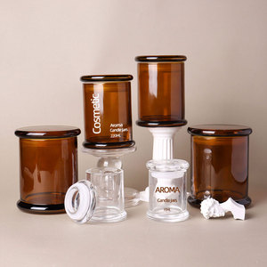 Bocaux à bougies transparents ambrés foncés, ronds, 70 ml, 220 ml, 370 ml, <span class=keywords><strong>en</strong></span> <span class=keywords><strong>verre</strong></span> brun à large ouverture, <span class=keywords><strong>pour</strong></span> cire aromatique et parfumée, avec couvercles - Product Image 1