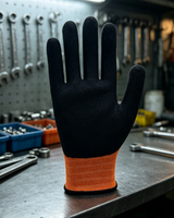 Sarung Tangan Kerja Pelindung Lapisan Nitril Sandy Nylon Spandex Oranye 13G dari Pabrik, dengan Cengkeraman Aman untuk Pekerjaan Sehari-hari