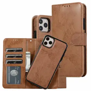 Detachable magnet genuine leather wallet phone case for iPhone 13 pro max