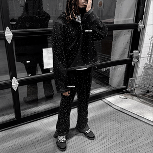 Custom Rhinestone Logo Heavyweight 100% Cotton Black Sweatsuit Streetwear High Quality Acid Wash Vintage Jogger Men <strong>Tracksuits</strong> - Product Image 1