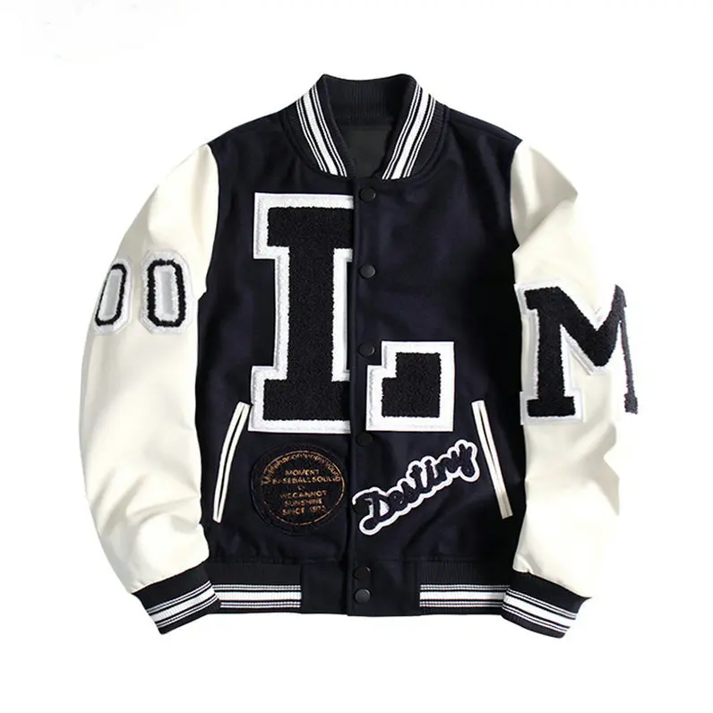 Jaqueta de beisebol Letterman masculina com logotipo personalizado, jaqueta de couro e manga quente para o time do colégio