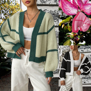 Cardigan en tricot color block pour femme, col rond, ouvert sur le devant, manches courtes, coupe classique, décontracté, automne-hiver - Product Image 2