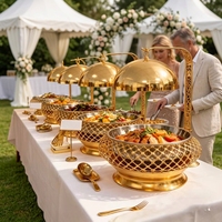 Plat de service de luxe doré en acier inoxydable 201, capacité 8L, avec couvercle suspendu, chauffage à l'alcool, pour buffet et maintien au chaud des aliments