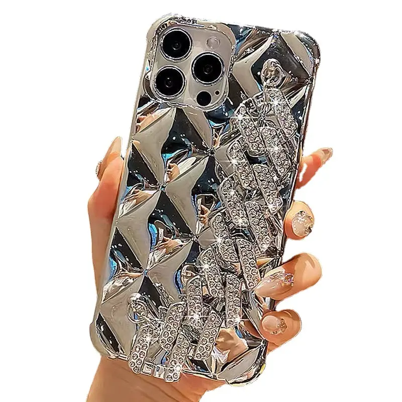 Nieuw Ontwerp Glitter Gegalvaniseerde Diamanten Armband Pols Mobiele Telefoon Case Voor Iphone 15 14 13 12 Pro Max 3d Plating Ketting Case