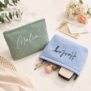Aesthetic Corduroy Makeup Bag with Custom Name, Embroidered Cosmetic Pouch for <b>Purse</b>, Travel Toiletry Organizer - Product Image 3