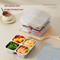 Boîte alimentaire en acier inoxydable 304, 4 compartiments, boîte scellée, forme carrée, boîte à lunch avec couvercles colorés