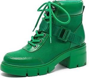 Botines Verdes para Mujer con Cordones, Tacón Cuadrado, Estilo Combate, Casual, para Calle - Product Image 1