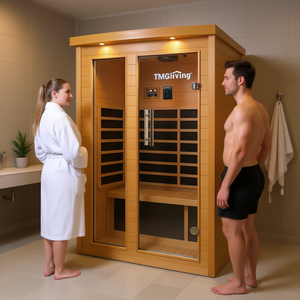 Sauna Interior de Infrarrojos Lejanos para 2 Personas Tmg Living con Altavoces Bluetooth, Puerta de Vidrio Templado y Madera de Abeto Canadiense Natural - Product Image 2
