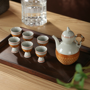 Chinese Bamboo Woven Porcelain Wine Set 6 Pieces Traditional Style Sake Pot And Cups Household Beverage Serving Set - Product Image 1