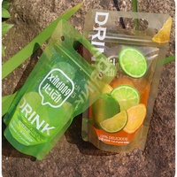 Poches à Boissons Biodégradables Transparente Clair pour Jus de Fruits et Boissons type Sang de Vampire, avec Pailles, Logo et Fermeture Ziplock, Format Doypack