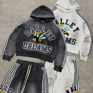 Huili axit rửa cổ điển sunfaded Hoodies và Sweatpants hai mảnh Bộ tùy chỉnh đau khổ thêu logo người đàn ông Bộ đồ thể thao - Product Image 2