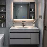 Set Kabinet Kamar Mandi PVC Custom Finish Dengan Cermin Anti-Kabut Pintar, Kabinet Wastafel Gantung Dinding