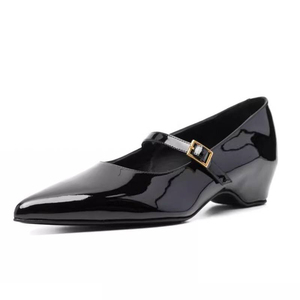 Sandales à talons compensés bas pour femmes, à bride moyenne, en cuir verni, talons carrés classiques, à boucle, escarpins à bout pointu - Product Image 1