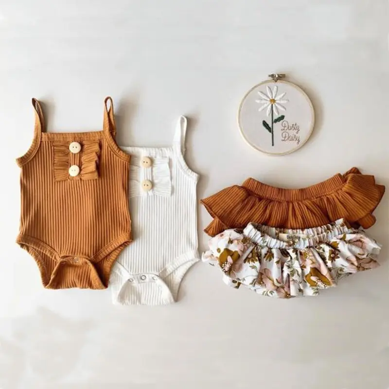 Conjunto de ropa de verano para bebé, venta al por mayor, falda, costilla de flores, 2022