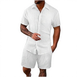 Ensemble 2 pièces d'été pour homme, chemise et short, couleur unie, tenue de plage, boutonnée, 100% coton et lin français, personnalisable avec logo OEM - Product Image 4