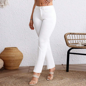 Plus Size Women <b>White</b> <b>Cropped</b> Straight Leg Jeans High Elasticity European And American Sizes S M L XL XXL 0XL 1XL 2XL 3XL 4XL - Product Image 3