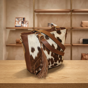 Brown & White Cowhide Genuine Leather Women's Messenger Purse Water Resistant Shoulder Handbag for Summer and Autumn Seasons - Product Image 3