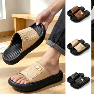 Chaussons plateforme pour hommes, patchwork contrastant, dessus en cuir croco métallisé de luxe, confortables, semelle épaisse, chaussons d'intérieur - Product Image 1