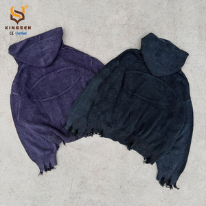 เสื้อฮู้ดดี้วินเทจคุณภาพสูง ล้างสีแบบแอซิดวอช สไตล์ Y2K แบบซิป ฮู้ดดี้หนาน้ำหนักมากสำหรับผู้ชาย ทรงโอเวอร์ไซส์ แต่งขาดสไตล์สตรีทแวร์ - Product Image 4