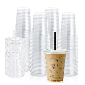 12 16 20 24 32 Oz Customized Logo Clear Disposable Milkshake Coffee Juice Bubble Tea Boba Smoothie PET Plastic Cup With Lid