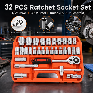 Ensemble d'outils de mécanicien CR-V 32 pièces, douilles profondes standard 1/2 pouce, clé à cliquet, clés hexagonales, pour usage domestique, personnalisable, OEM, coffret rigide - Product Image 2