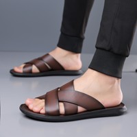 Nouvelles sandales à enfiler en cuir véritable pour hommes 2026 – Tongs décontractées antidérapantes à semelle souple pour l'extérieur et la plage – Grandes tailles 46, 47, 48