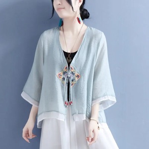 Women's Cotton Linen Embroidered Cardigan Pink Three Quarter Sleeve Chinese Style <b>Top</b> With Geometric Pattern - Product Image 2