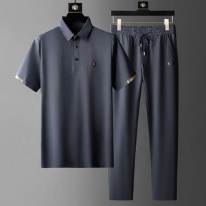 Nero estate nuovi Set da uomo, <span class=keywords><strong>blu</strong></span> <span class=keywords><strong>scuro</strong></span> sottile vestito ad asciugatura rapida Casual Polo pantaloni larghi elastici, Set di 2 pezzi di moda - Product Image 2