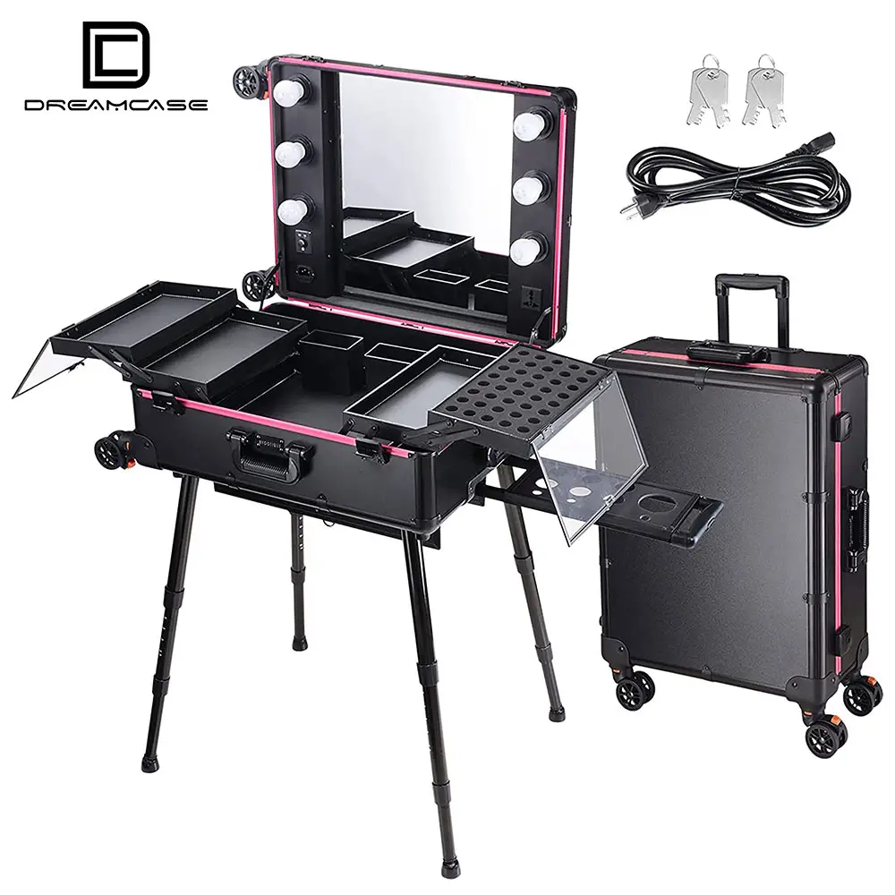 DreamCase Popular Design Travel Led Mirror Hard Shell Makeup Replacements Legs For Make Up Case With Lights