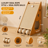 Griffoir pour chat en sisal en forme de L avec maisonnette cachette, jouet interactif avec balle, meuble griffoir en bois pour chat d'intérieur