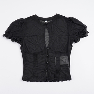 Haut court sexy en dentelle noire transparente pour femme avec détails boutonnés et manches bouffantes, idéal pour les soirées en club et les festivals - Product Image 6