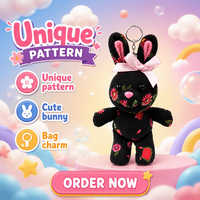 Porte-clés en peluche personnalisé, lapin noir, motif floral, OEM ODM, poupée en peluche douce pour breloque de sac