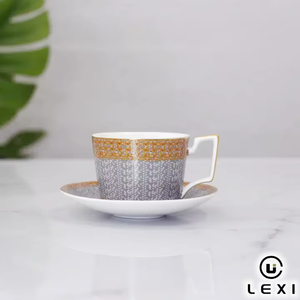 Juego de Té con Diseño Floral Gris y Mosaico Dorado, Taza, Platillo, Silueta Blanca en Relieve, Porcelana Fina, Servicio de Café - Product Image 2