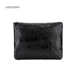 Custom Crocodile Texture Cosmetic Bag Luxury Pu Leather Zipper Makeup Bag Vegan Leather Pouch