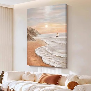 Peinture à l'huile peinte à la main, paysage marin au lever du soleil, art mural vertical pour salon, fond de canapé, sans cadre, effet 3D décoratif - Product Image 3