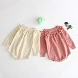 겨울 유아 소녀 Jumpsuit 뜨개질 Romper 가을 신생아 등반 옷 수제 Pompom 긴 소매 Romper