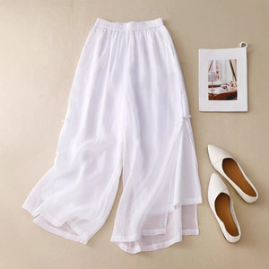 <span class=keywords><strong>Pantaloni</strong></span> Larghi Estivi da Donna in <span class=keywords><strong>Lino</strong></span> e Cotone a Vita Alta, Tinta Unita, Lunghi, Stile Retrò con Fibbia, Eleganti, con Doppio Spacco, Casual - Product Image 4