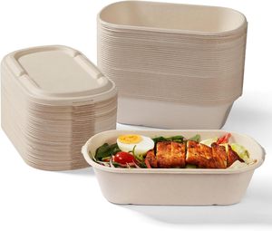 Conteneur alimentaire rectangulaire jetable en canne à sucre de 750 ml à 2 compartiments, boîte alimentaire biodégradable en bagasse avec couvercle - Product Image 1