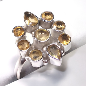 Élégante bague en argent sterling 925 avec grappe de pierres multicolores en citrine, bijou de cocktail fait main en pierres précieuses dorées pour femme - Product Image 1