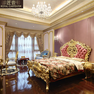 Letto Matrimoniale di Lusso 1,8m con Foglia d'Oro, Stile Europeo Francese Italiano, Mobili <span class=keywords><strong>Classici</strong></span> Intagliati in Legno Massello, Set Camera da Letto - Product Image 1