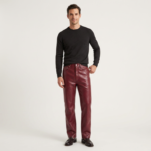<b>Men's</b> High Waist Burgundy genuine Leather Pants Straight Fit Button Fly Smart Casual Autumn Wear - Product Image 1