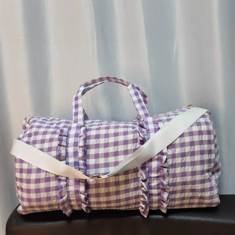 Personalizado Travel Bag Atacado Seersucker Gingham Duffel Bags Moda Trendy Blanks Lightweight Weekender Shoulder Bag DOM11119