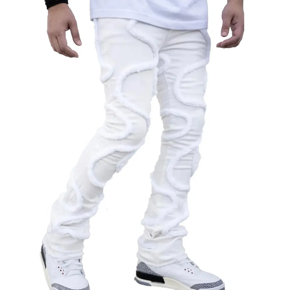 KY Custom Zipper Jeans Hosen für Männer White Raw Edge Herren Jeans Hosen stickerei Applique Stacked Jeans